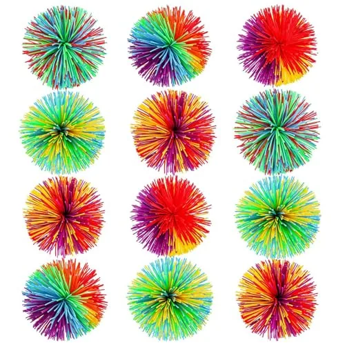 12 Piece Stringy Balls Sensory Stringy Ball Soft Rainbow Pom, Multicolour