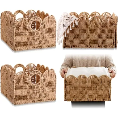 Folding s Scalloped Wicker Storage Basket Paper Rope Pantry, Natural
