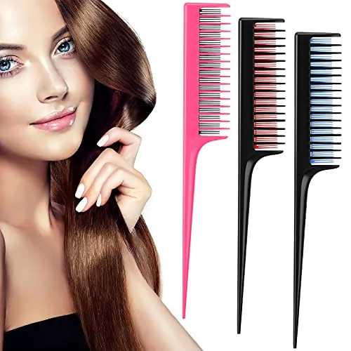 3 Piece 8 Inch Rat Tail Teasing Hair Comb, Black