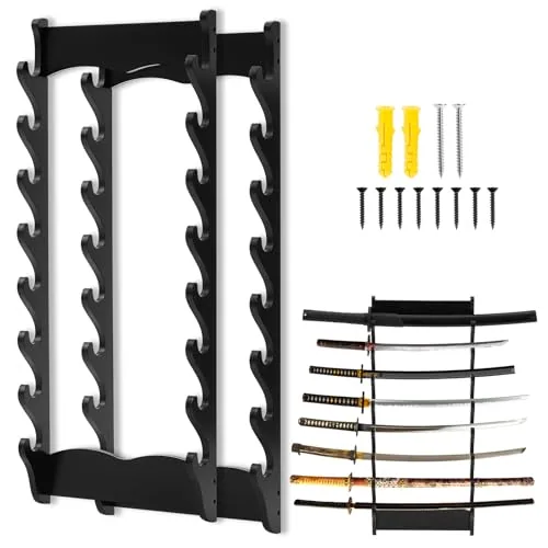 8 Tier Wall Mounted Sword Rack Wooden Sword Display Stand, Black