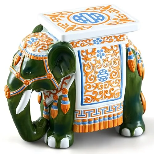 Elephant Garden Stool 16.5 Inch - Resin Elephant Side, Green