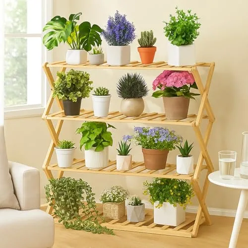 Folding 4 Tier Wooden Plant Stand 27" x 27" x 10" Foldable Bamboo, Natural