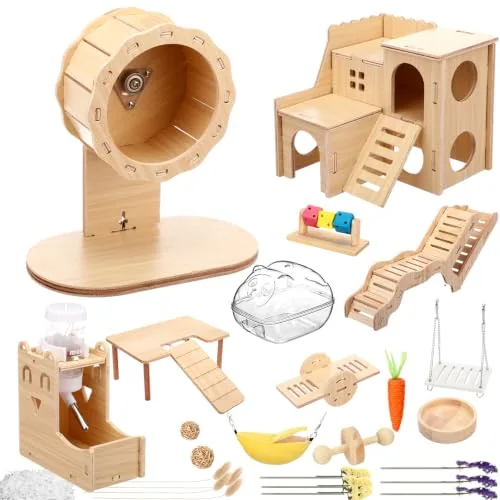 23 Piece Hamster Cage Accessories Wood Platform Hideout House, Natural