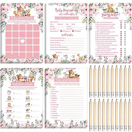 145 Piece Woodland Baby Shower Game Floral Forest Animals 5 Games, Multicolour