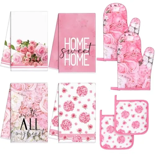 8 Piece Pink Rose Kitchen Towels and Dishcloths Sets Oven Mitts