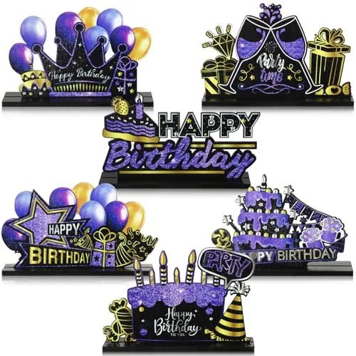 6 Piece Happy Birthday Table Centerpiece Purple and Black Happy