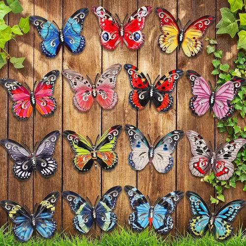 15 Piece 3D Metal Butterflies Outdoor Wall Decor 6.5'' Metal, Multicolour