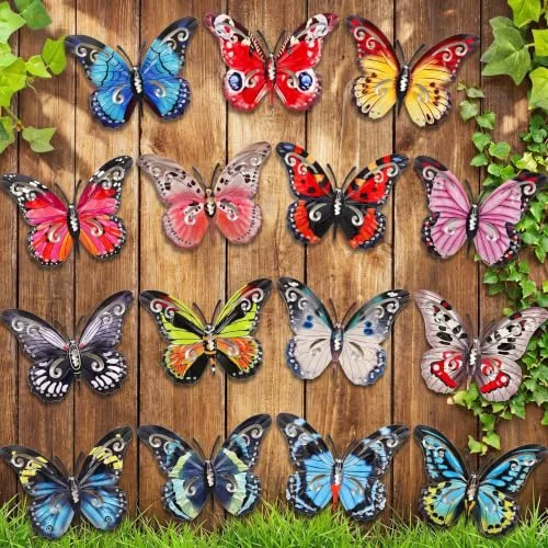 15 Piece 3D Metal Butterflies Outdoor Wall Decor 6.5'' Metal, Multicolour