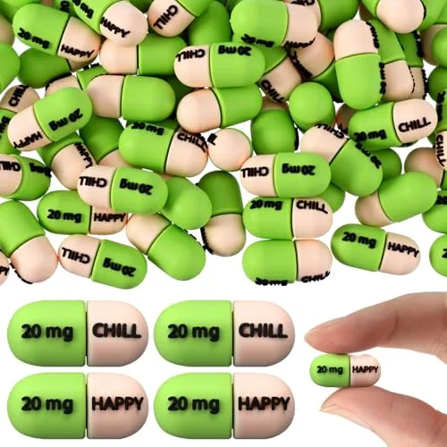 100 Piece Mini Capsules Fake Pill Soft Rubber Happy Chill Figurines, Multicolour