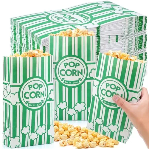 200 Piece Paper Popcorn Bags Bulk 2 oz Large Flat Bottom Boxes, Green