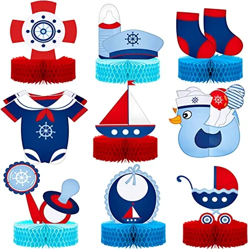 9 Piece Nautical Baby Shower Decorations Nautical Boy Honeycomb, Red