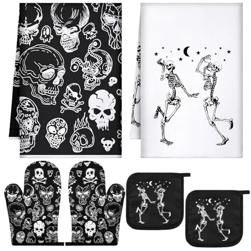 6 Piece Skull Kitchen Decor Set Kitchen Towels Oven Mitt Pot
