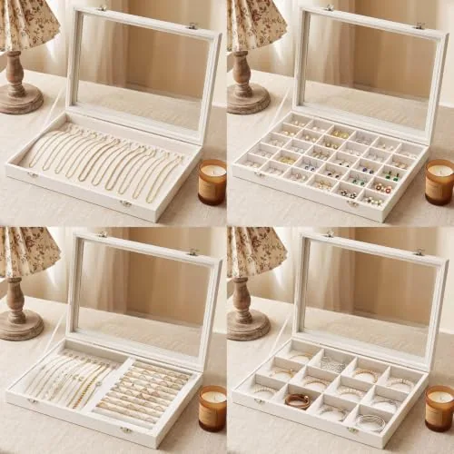4 Piece Jewelry Organizer Tray Set of 4 Stackable Wood Velvet, Beige
