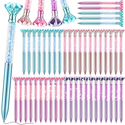 48 Piece Big Crystal Diamond Pens Bulk Bling Black Ink Rhinestones