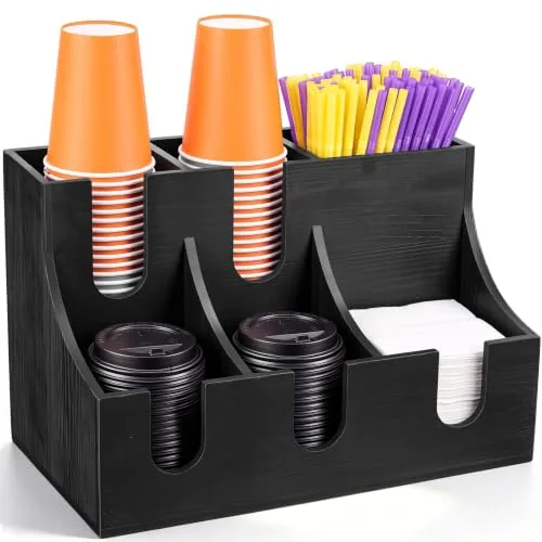 Pine Wood Cup and Condiment Organizer, Black