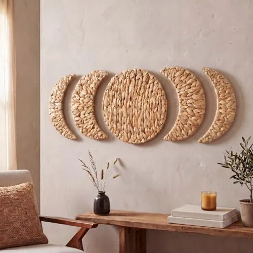 5 Piece Boho Moon Phase Wall Decor Woven Water Hyacinth Wicker, Wood