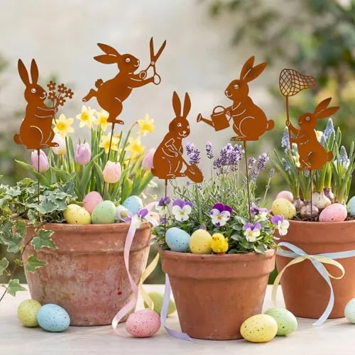 5 Piece Easter Bunny Garden Stakes 13 inch Metal Easter Yard