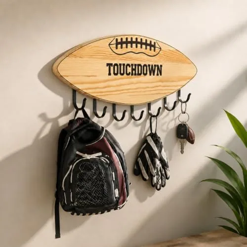 Football Theme Wall Mounted Coat Rack Organizer, Wood