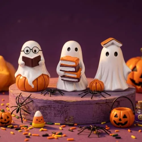 3 Piece Halloween Table Decor Reading Book Ghost Figurines, Yellow