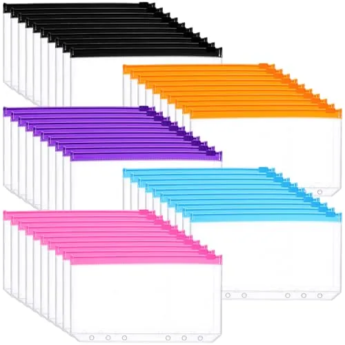 50 Piece A6 Binder Pockets 6 Hole Transparent Zip Envelope