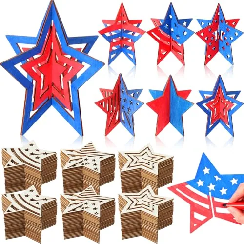 100 Piece DIY 3D 4th of July Stars Wood Crafts to Paint 4 Inch