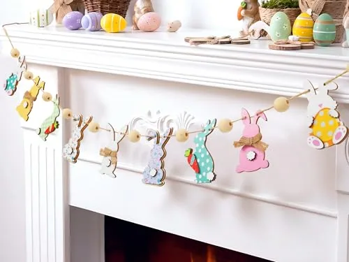 8.2 ft Easter Bunny Garland Large Wooden Cute Rabbits, Multicolour