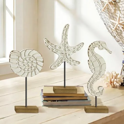3 Piece Wooden Beach Ocean Table Decor White Neutral Coastal