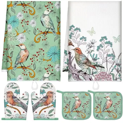6 Bird Flower Kitchen Towels Oven Mitts and Pot Holders, Green