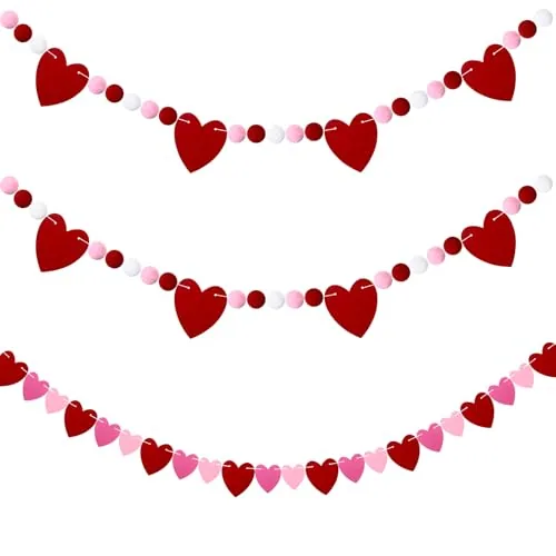 Valentines Garland 6 ft Valentines Day Decorations Felt, Red