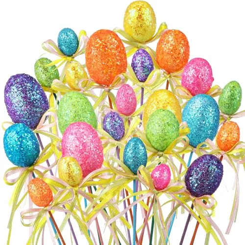 24 Piece Easter Egg Picks Glitter Foam Easter Cupcake Picks Spring, Green
