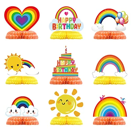 9 Piece Rainbow Birthday Decorations Honeycomb Party Table