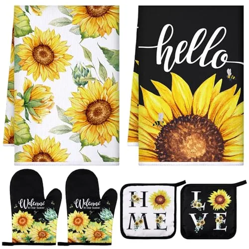 6 Sunflower Kitchen Towels Oven Mitts and Pot Holders Sets, Yellow