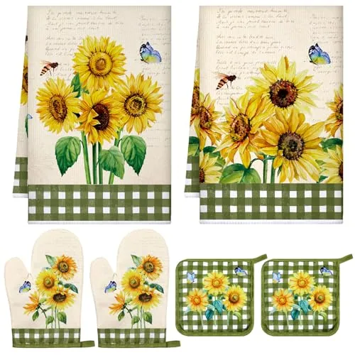 6 Retro Sunflower Kitchen Towels Oven Mitts and Pot, Yellow