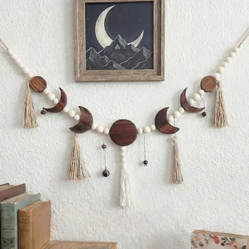 Moon Phase Wall Hanging Wood Beaded, Brown
