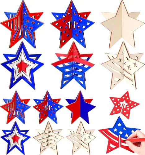 24 Piece 4th of July 3D Wooden Stars, Natural
