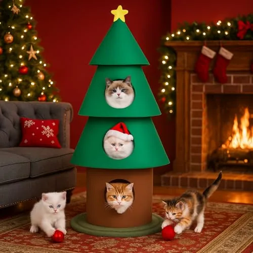 60 Inch Felt Cat Christmas Tower, Green