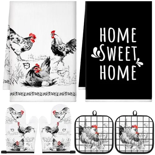 6 Ink Rooster Farmhouse Kitchen Decor Dish Towels Oven, Black