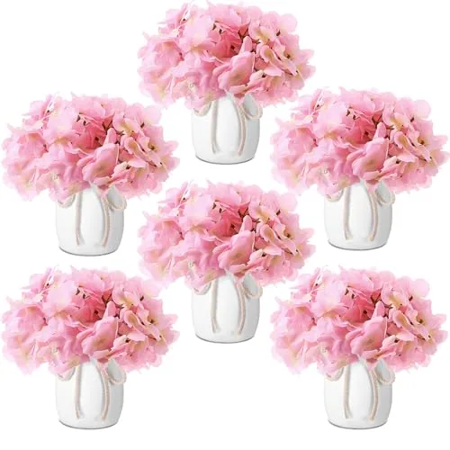 Folding Artificial Hydrangea Flowers and Plastic Vases Set, Pink