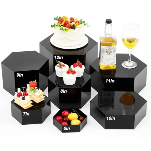 7 Piece Large Buffet Risers Set 6" to 12" Acrylic Display Box, Black