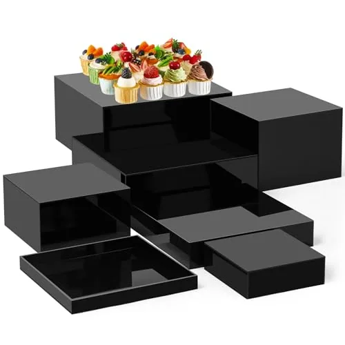 7 Piece Large Buffet Risers Set 6" to 12" Acrylic Display Box, Black