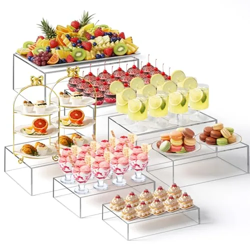 7 Piece Extra Large Buffet Risers Set 10" to 16" Rectangle, Clear