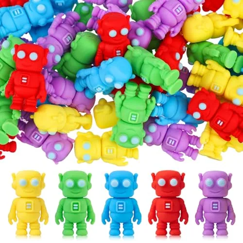 50 Piece Mini Rubber Robot Figures Bulk Miniature Robot Figurines, Multicolour