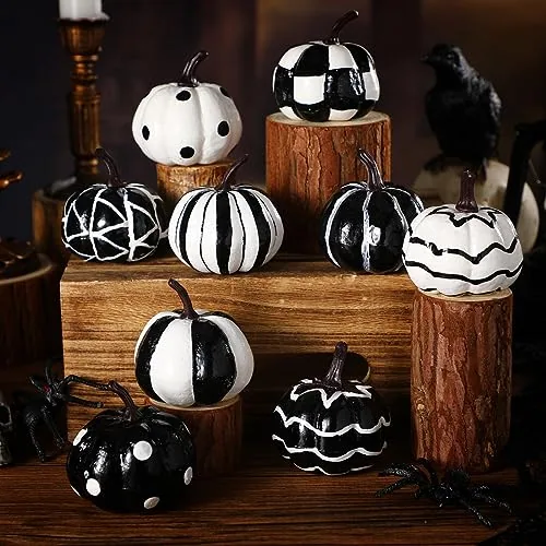 9 Piece Halloween Mini Pumpkin Decor Indoor Black and White