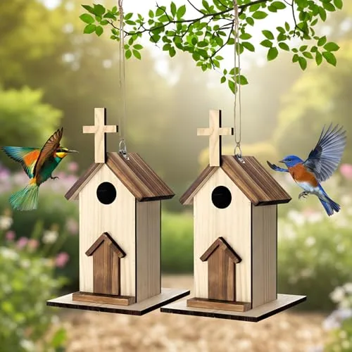 2 Piece Birdhouse Outdoor Hanging Wooden Church Birdhouse Cross, Wood