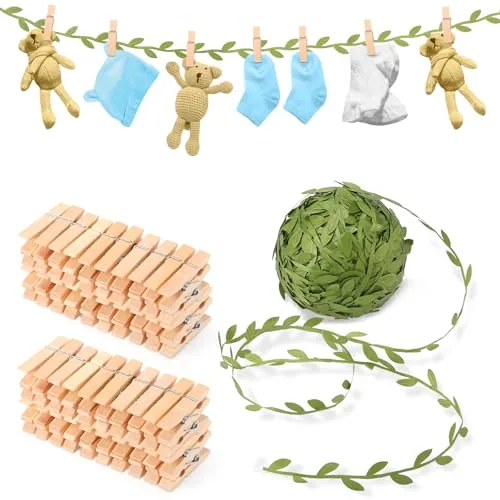 101 Piece Mini Clothespins and Leaf Ribbon, Wood