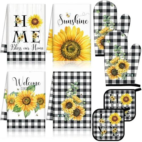 8 Piece Sunflower Checkered Kitchen Towels and Dishcloths Sets, Black