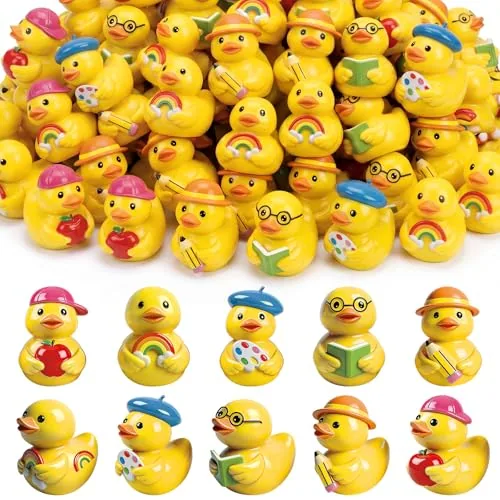 100 Piece Back to School Mini Resin Ducks Reading Drawing Writing, Yellow