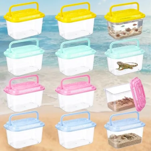 12 Piece Plastic Reptile Terrariums Carrier Cage Small Fish, Pink
