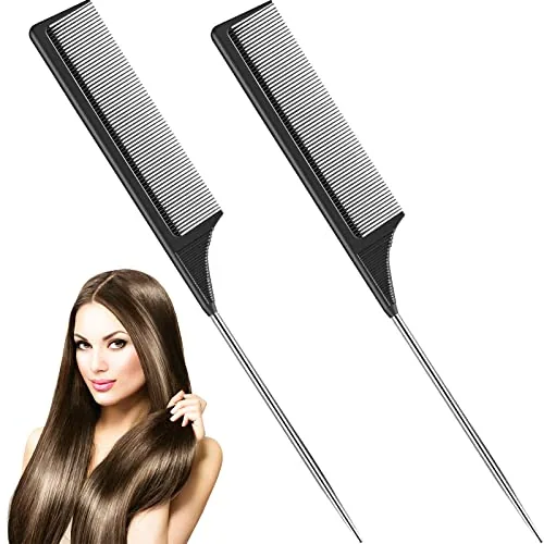 2 Piece Rat Tail Combs Steel Pin Carbon Fiber Teasing Hair, Black