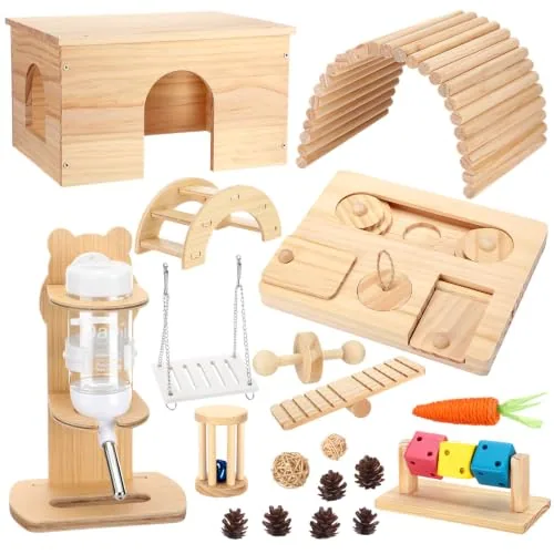 19 Piece Hamster Cage Accessories Toy Set Large 12*9*7 Inch Wood, Multicolour